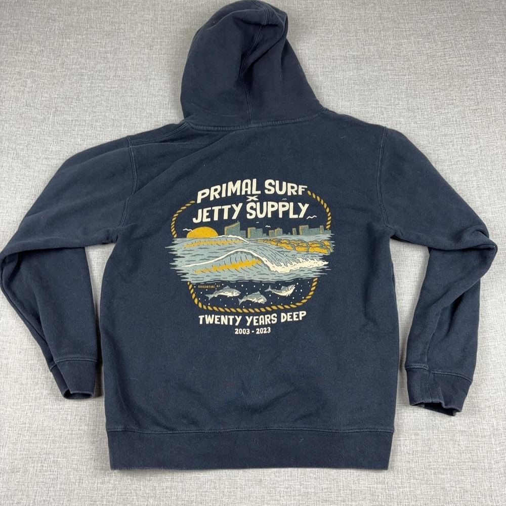 Jetty Hoodie Mens Small Gray Pullover Fleece Sweatshirt Primal Surf Graphic